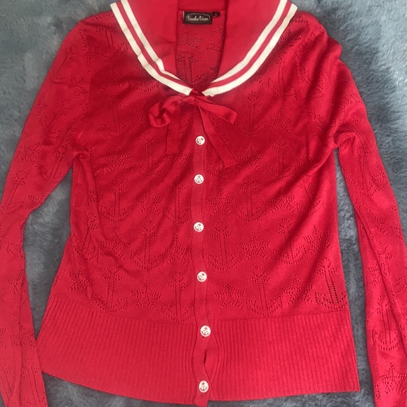 RED VOODOO VIXEN RETRO Sailor L ROCKABILLY 60S CARDIGAN SWEATER - Picture 2 of 5